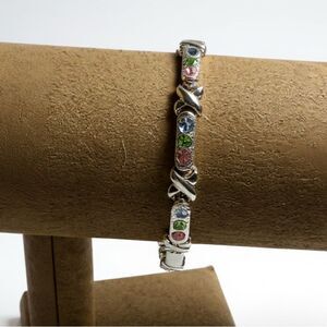 Silver-Tone Multi-Color Rhinestone Link Bracelet | Vintage Style Jewelry